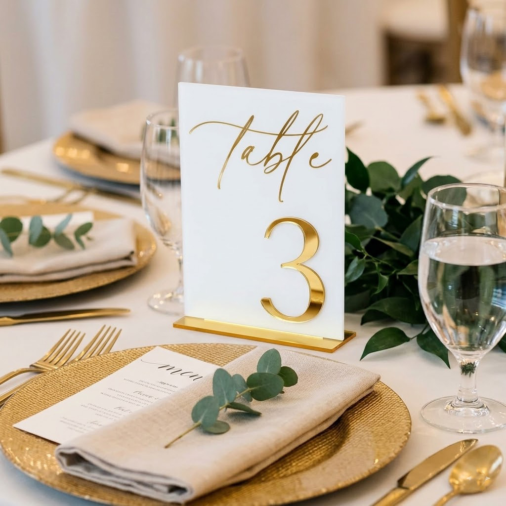Table Number Gold - Hochzeitstischnummern 1-10 mit Ständern, Weiße Acryl-Tischnummernschilder