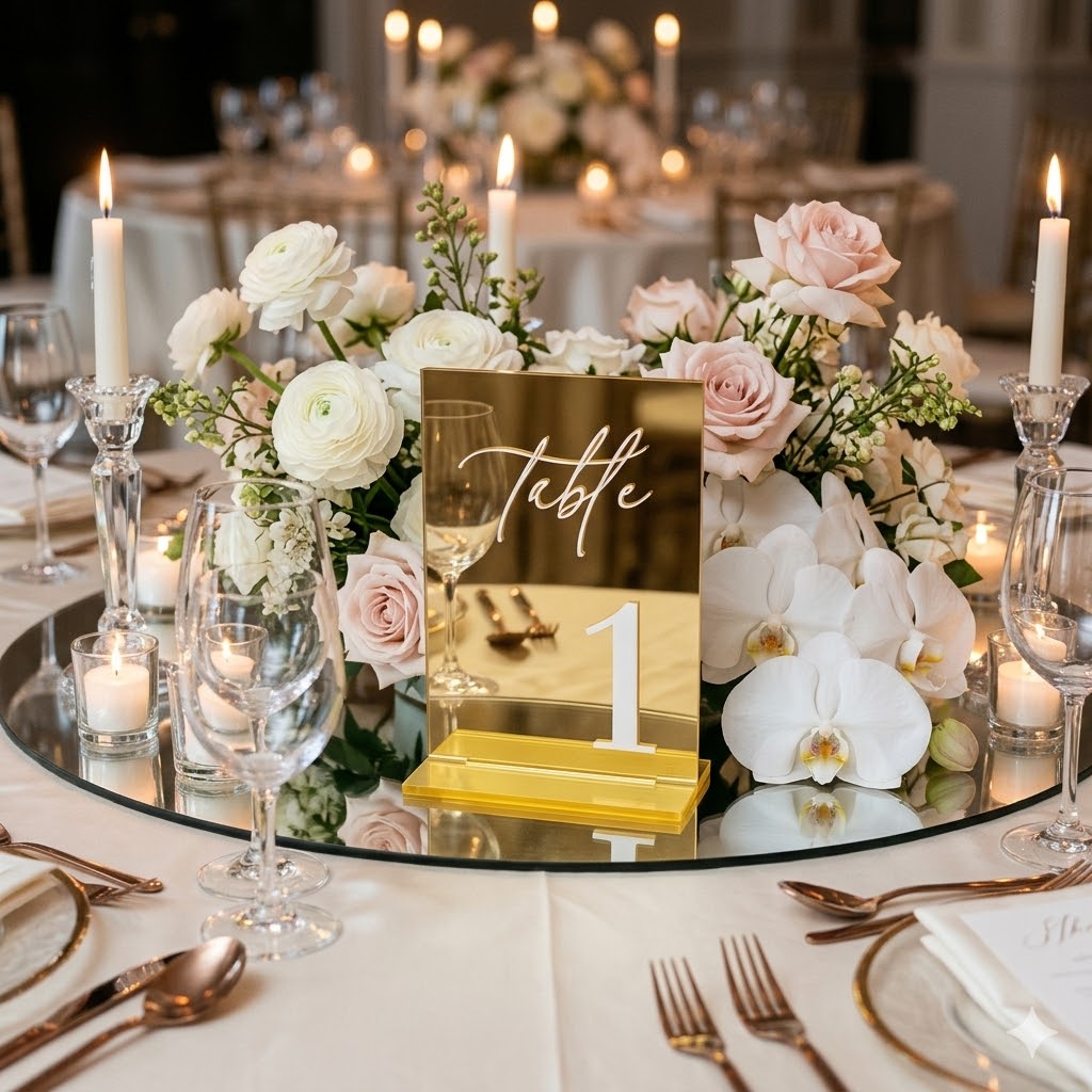 Table Number Gold - Goldene Spiegel-Acryl Tischnummern 1-20 mit Ständern,